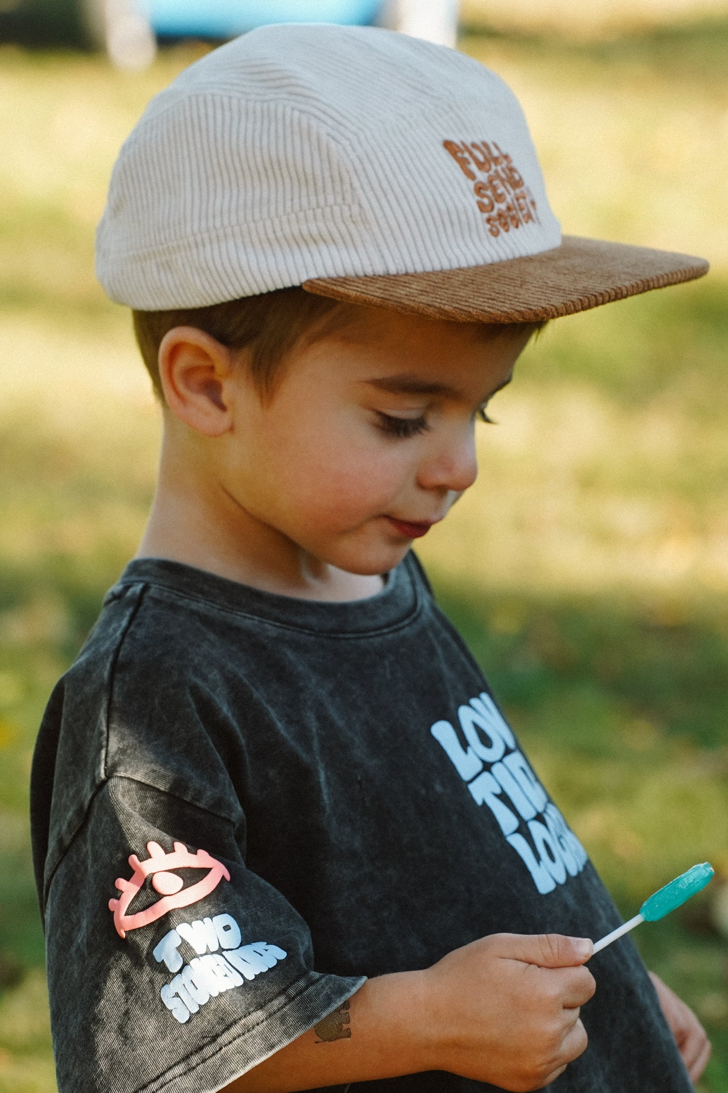 Beige and brown 5 panel cap in corduroy for kids, easy everyday piece for summer