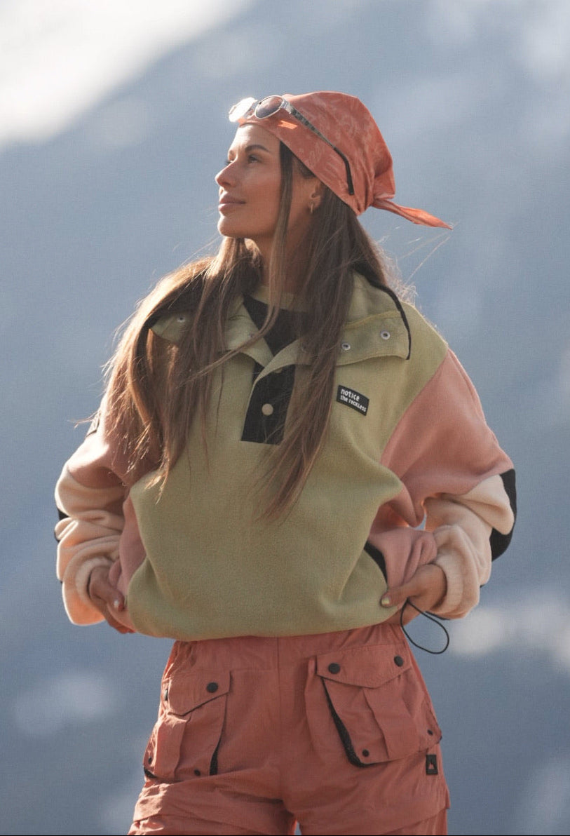 Dusty coral 100% cotton hiking bandana worn as headwear with lightweight fabric