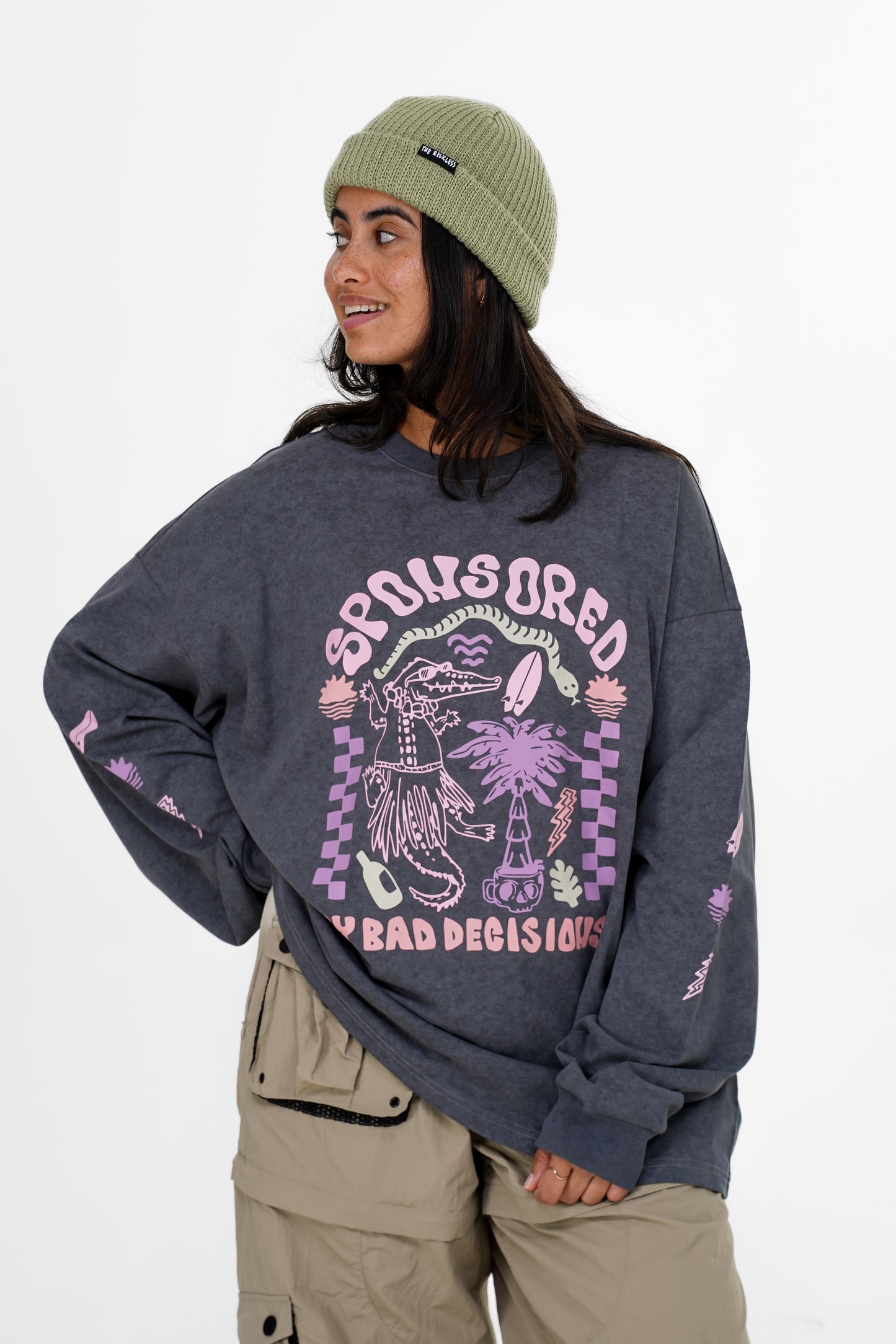 Faded grey drop shoulder cotton long sleeve with graphic print