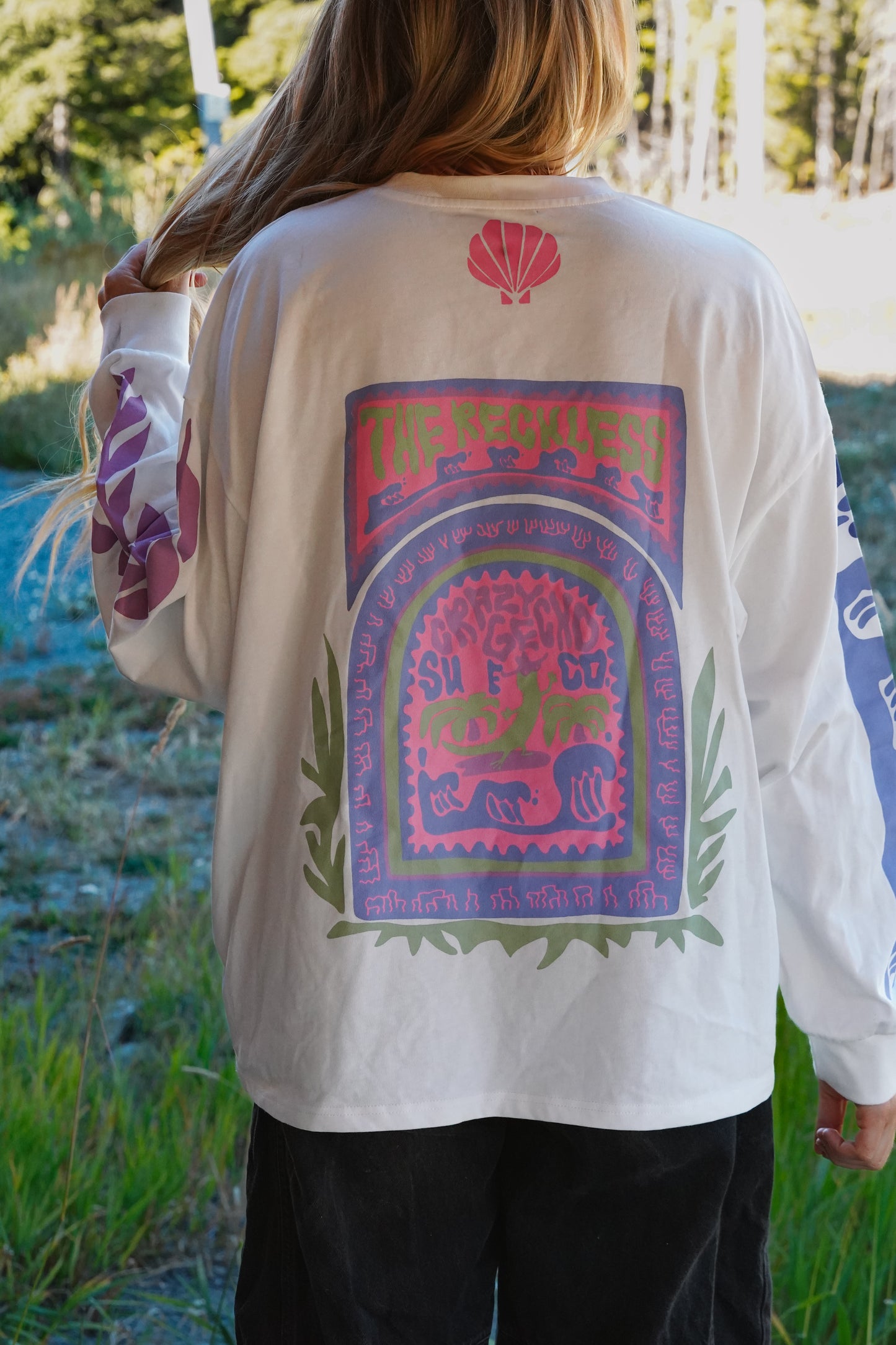 White drop shoulder cotton long sleeve with colorful back print