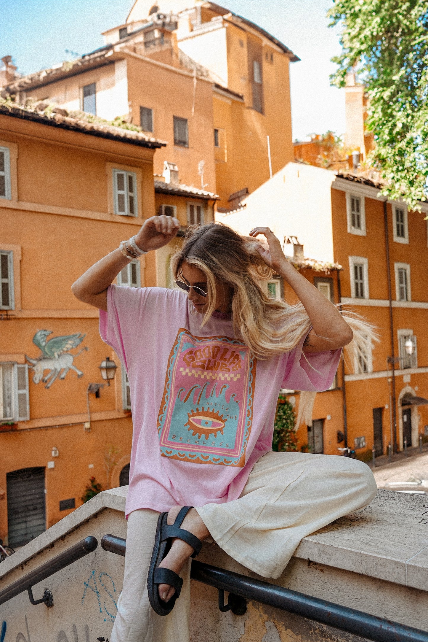 Women’s cotton oversized tee with Good Vibes graphic in a summer surf beach style