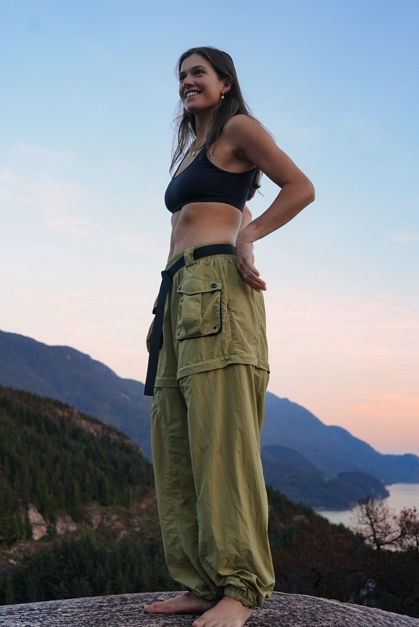Women's khaki convertible hiking pants with zip-off legs and cargo pockets