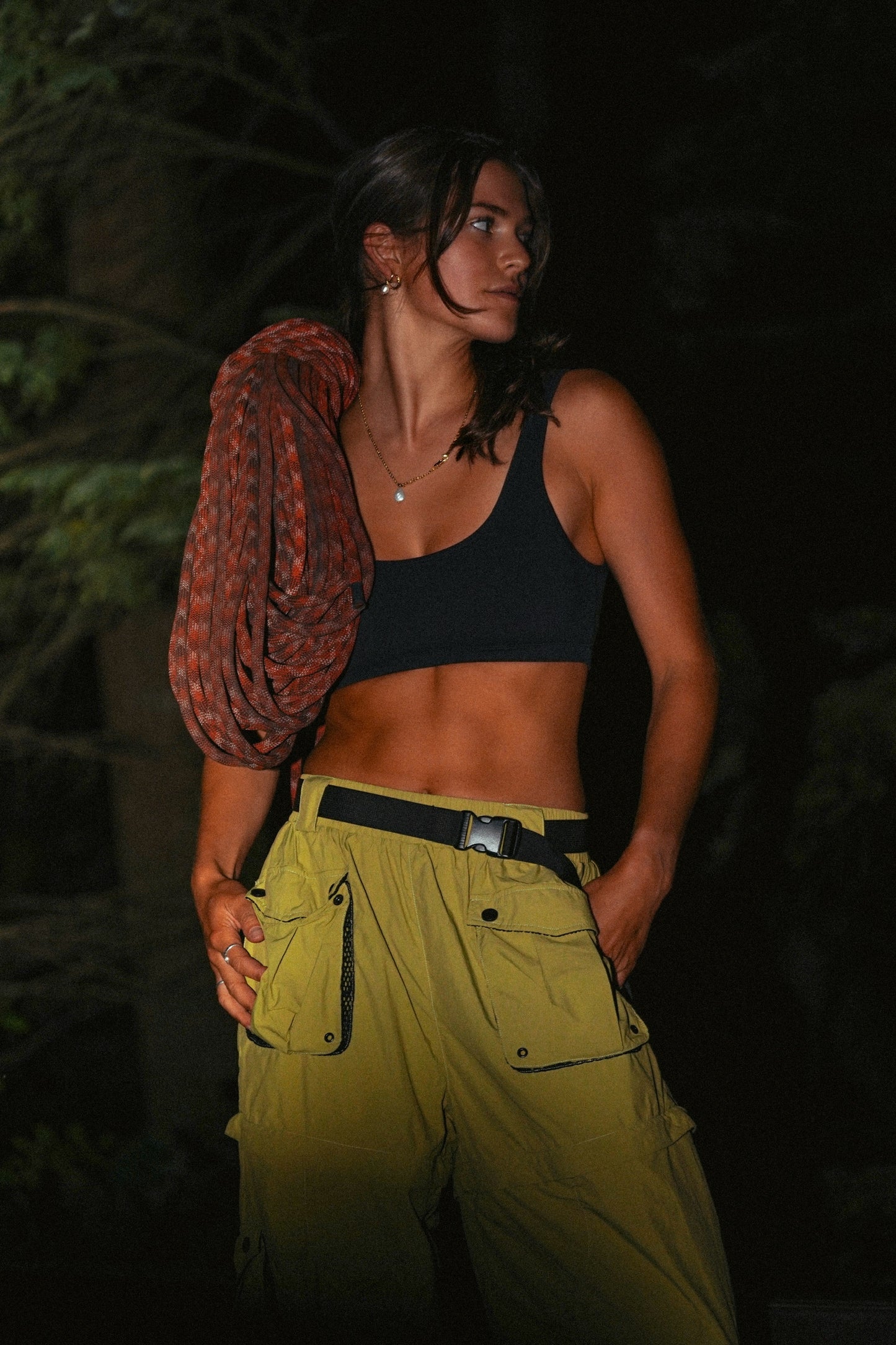 Women's khaki zip-off hiking pants converted into shorts with cargo pockets