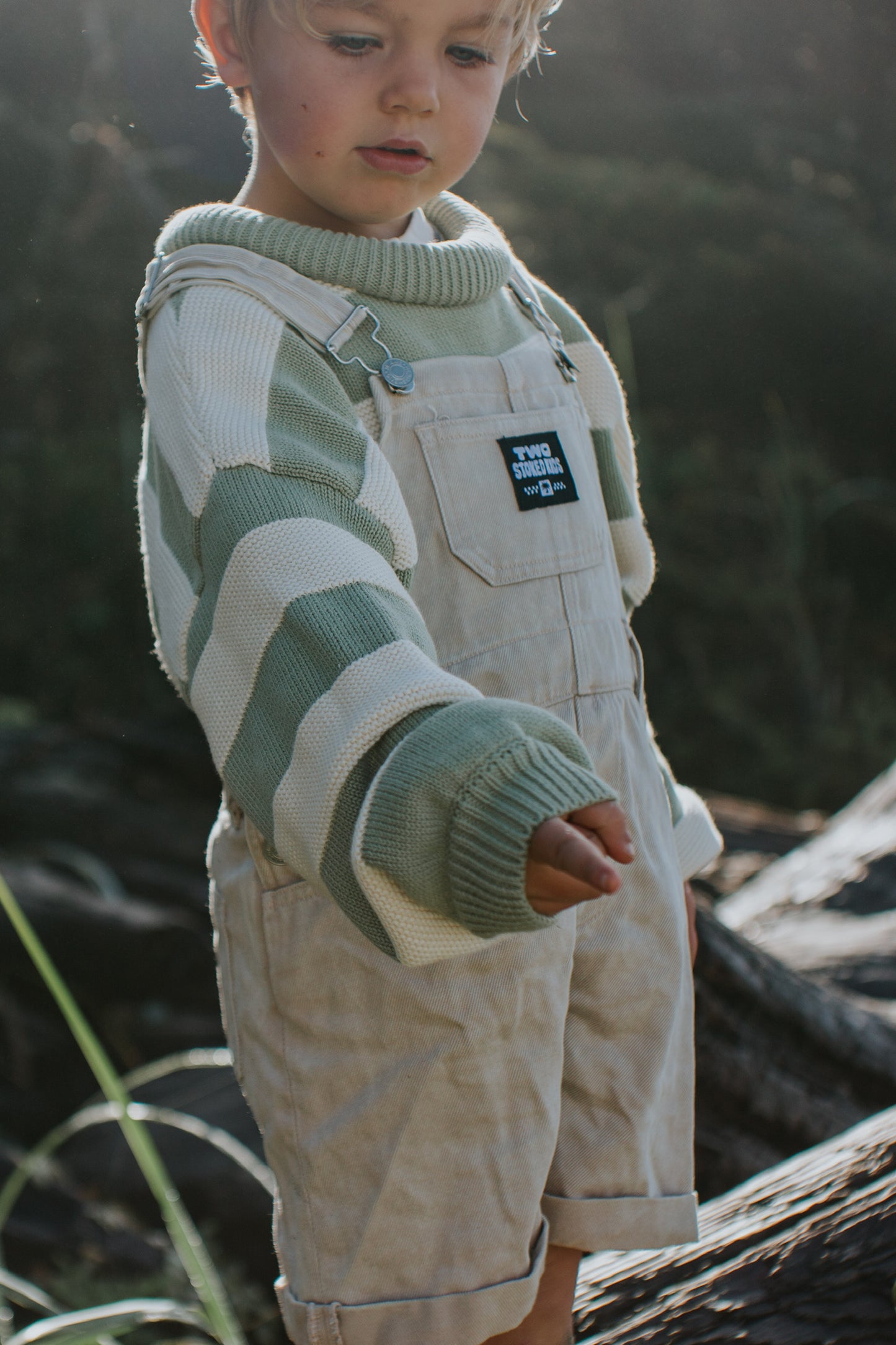 Textured striped kids sweater in sage and cream, 100% cotton with a relaxed fit