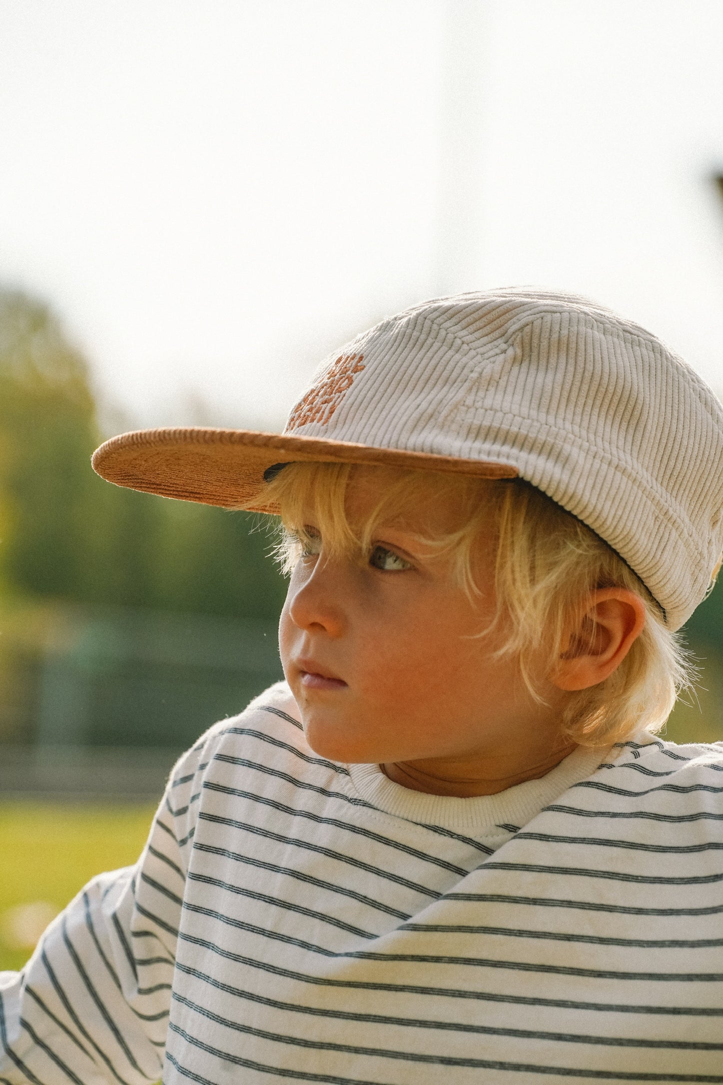 Beige and brown corduroy 5 panel cap for kids, perfect for summer days and everyday wear