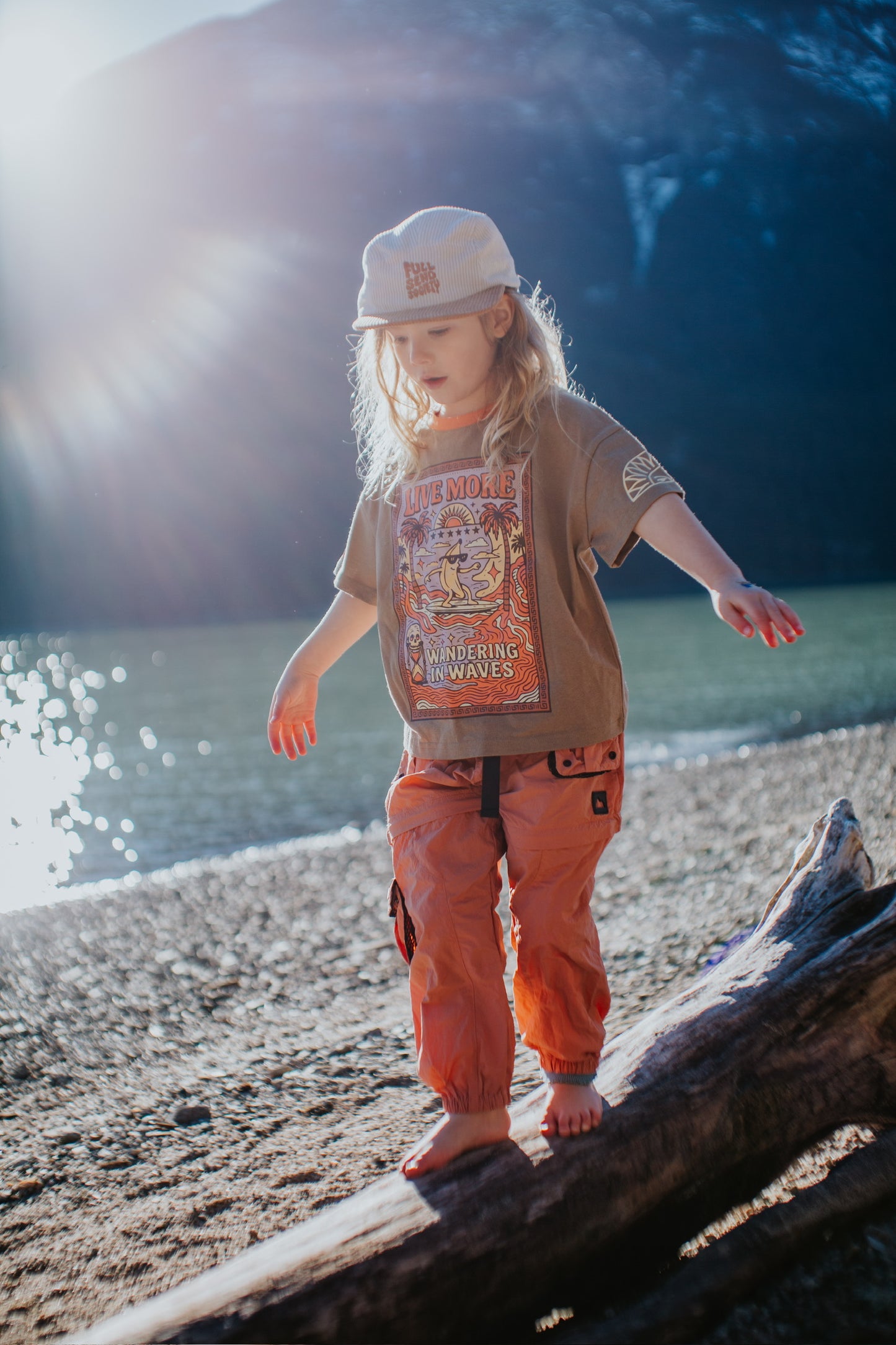 Oversized cotton t-shirt for kids with Surfing Banana design and orange collar for summer