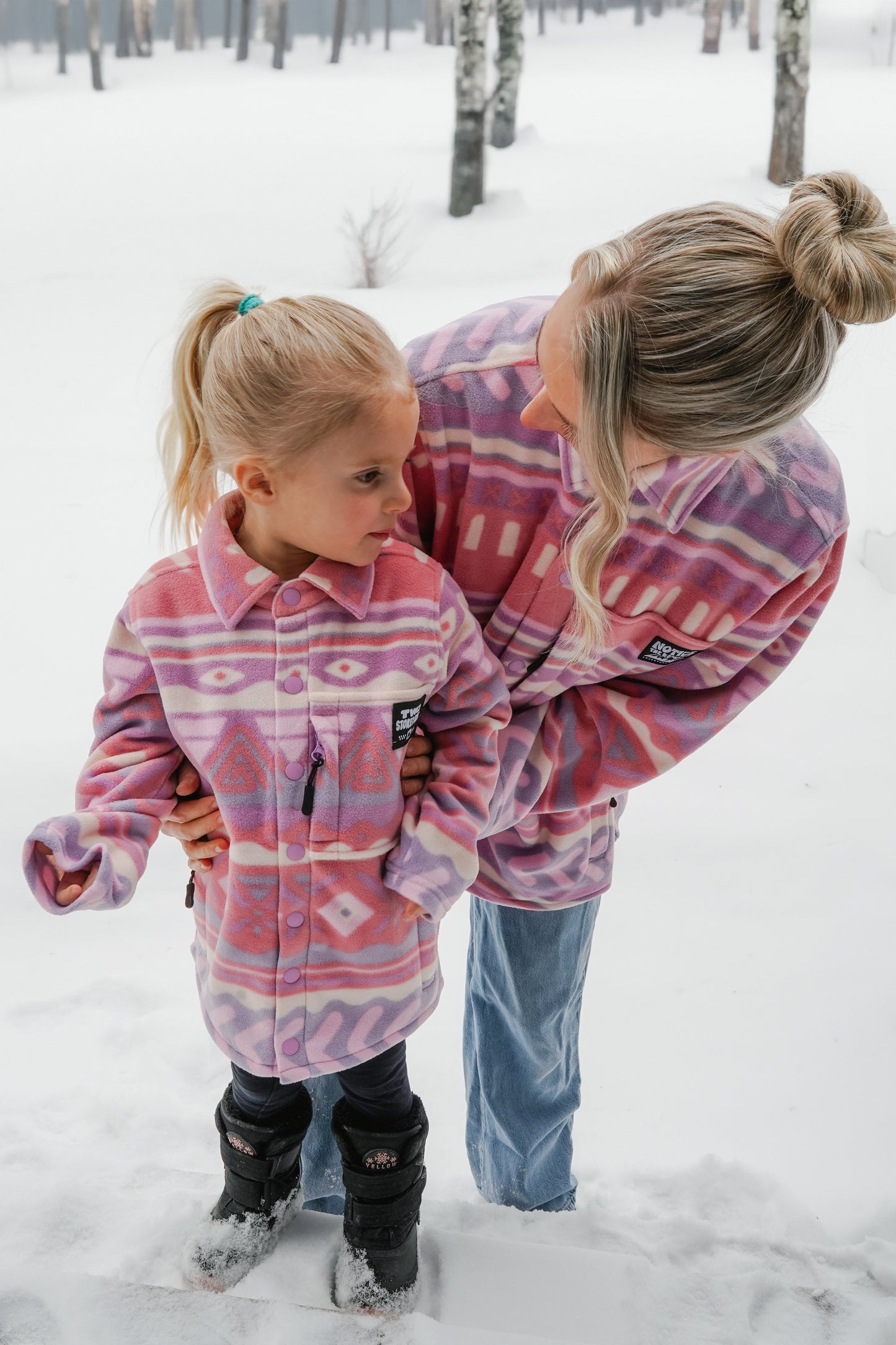 Warm kids fleece shirt in shades of pink and purple, easy layering piece for cooler days