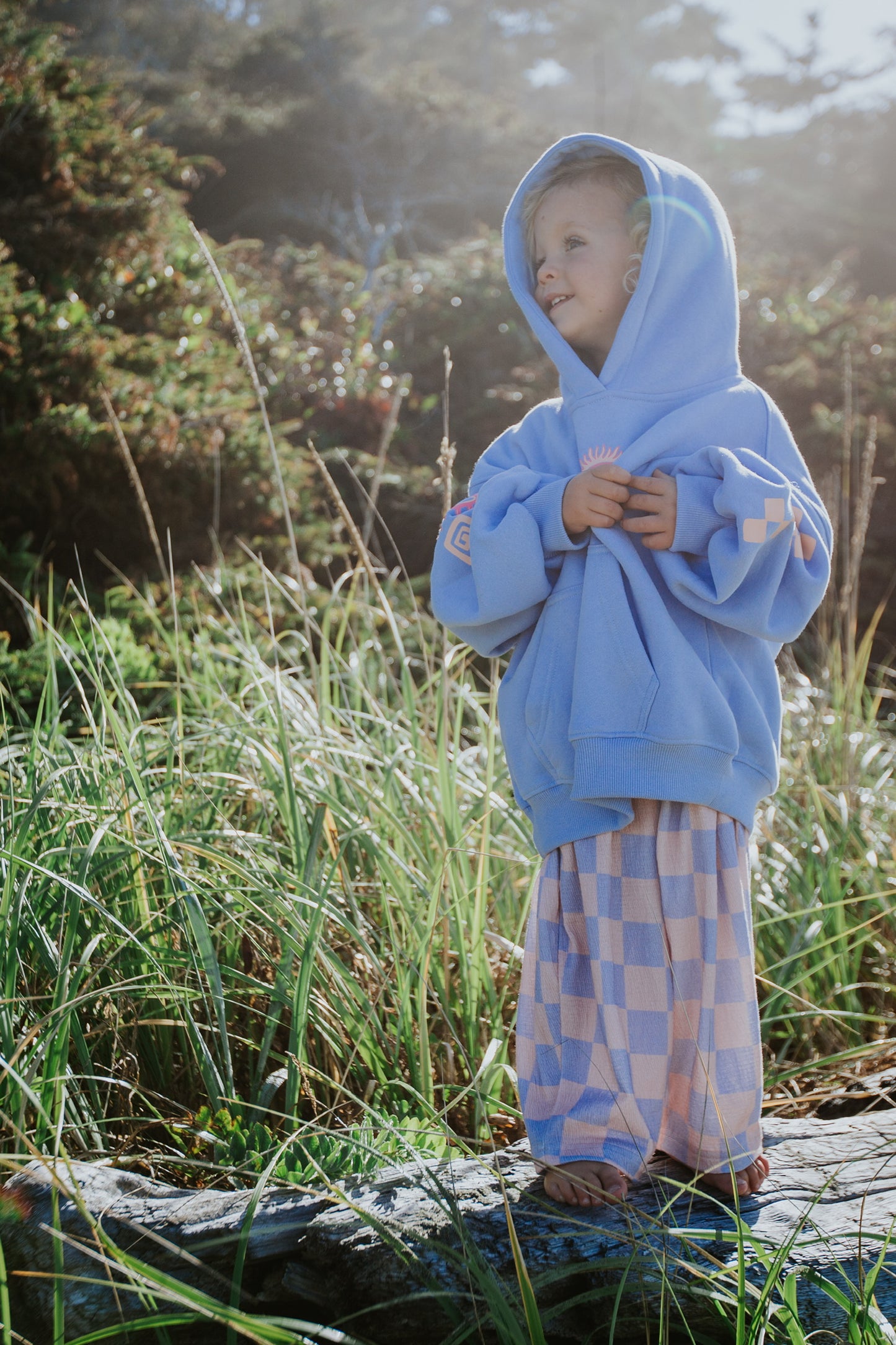 Blue cotton oversized hoodie for kids with Send It design and relaxed summer fit