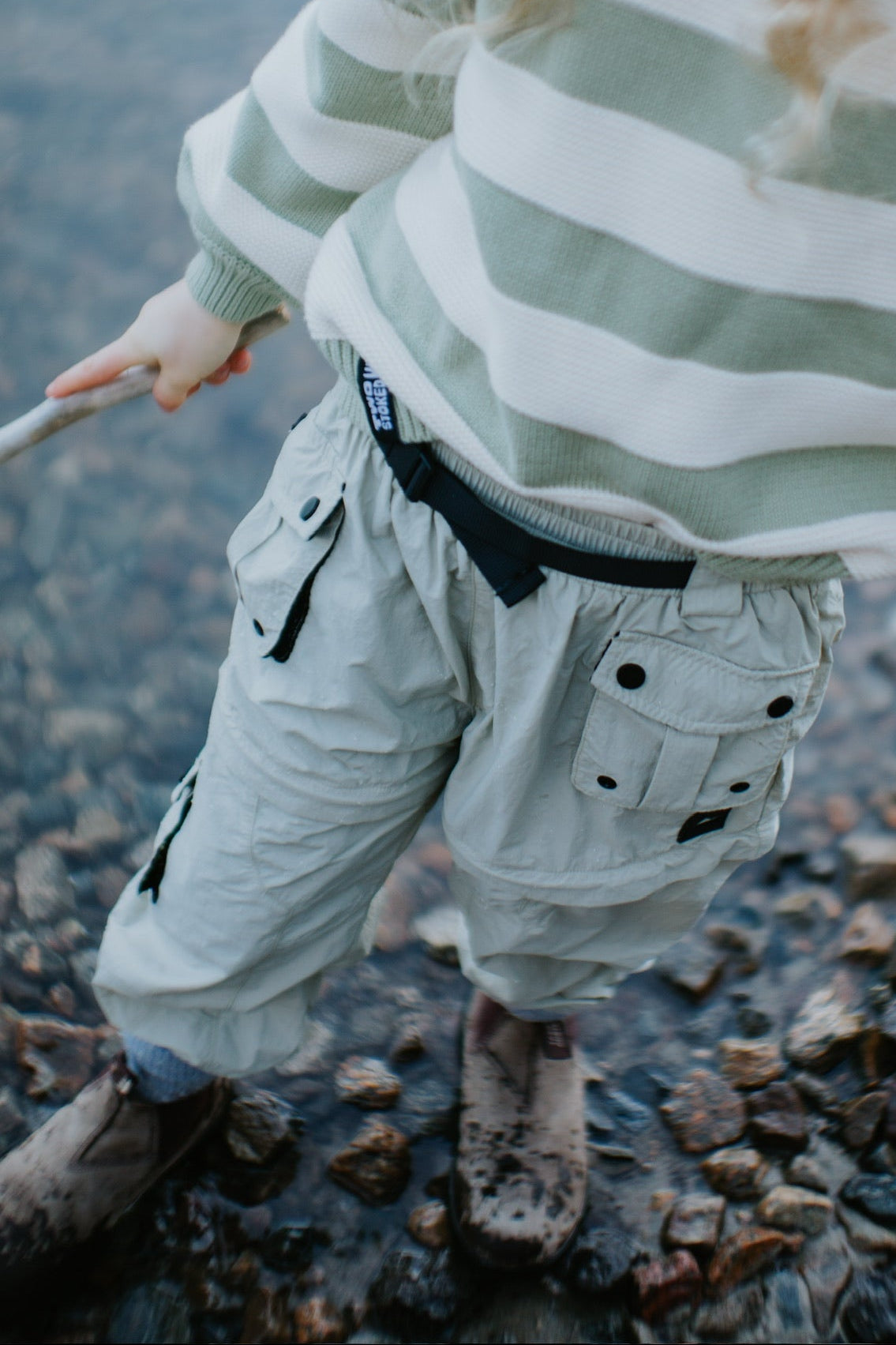 Kids sage cargo pants with zip-off legs, side pockets and adjustable waist belt