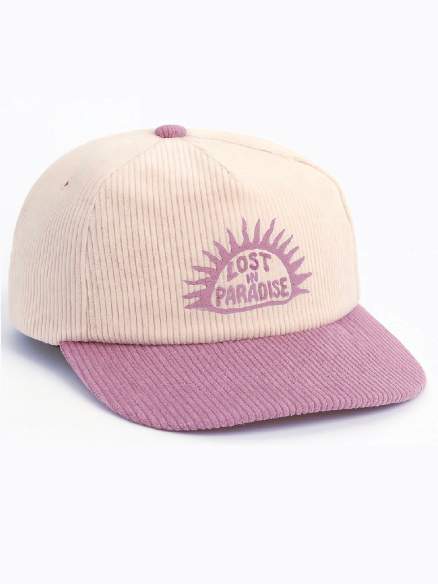 5 panel cap in lilac and sand colors with adjustable strap and summer look
