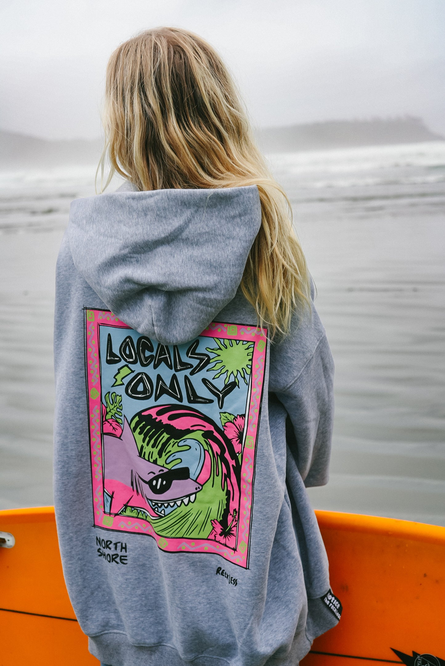 Women’s cotton oversized hoodie with Locals Only print in a summer surfing style