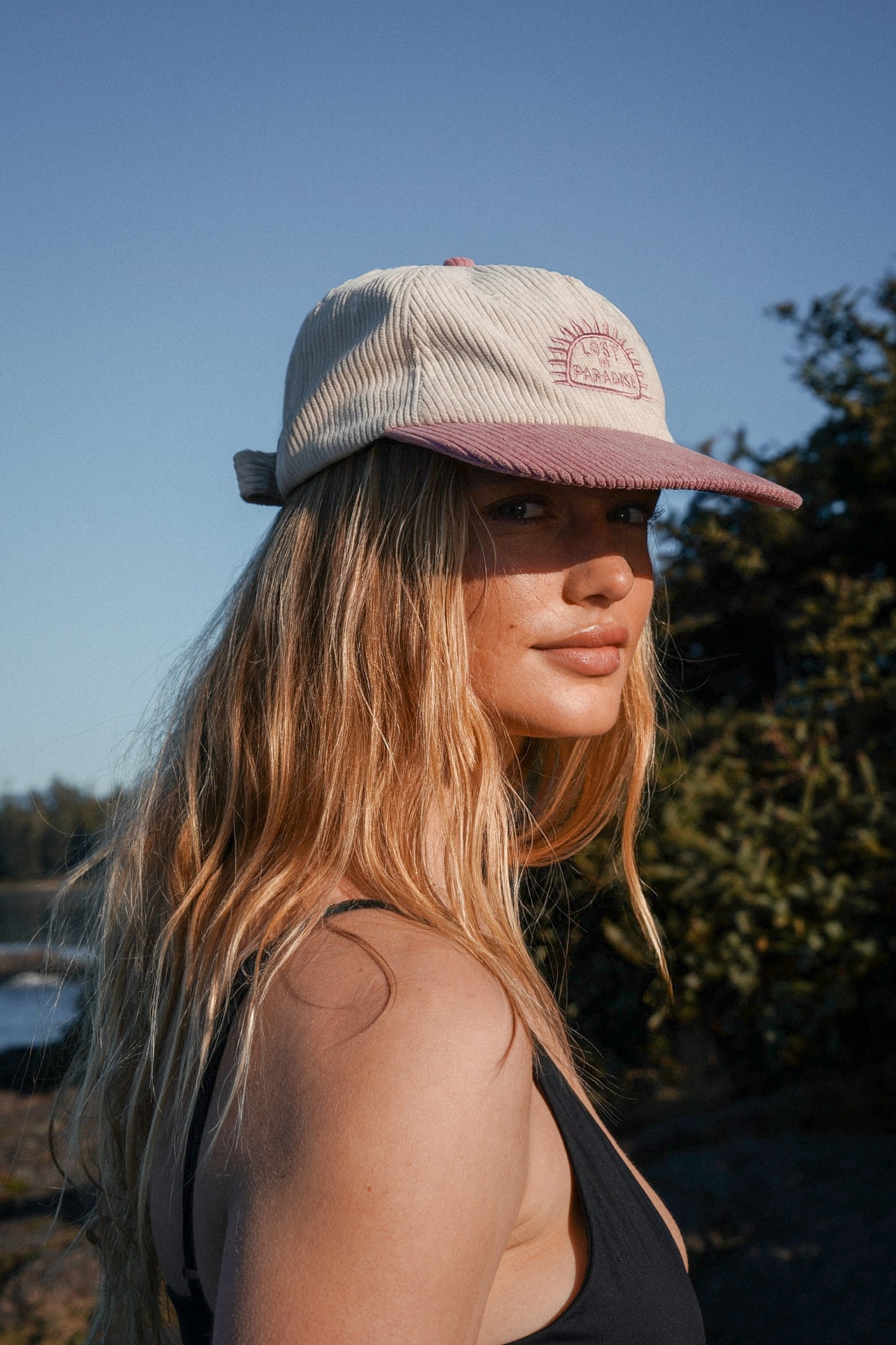 Lilac and sand 5 panel cap with front embroidery and adjustable strap in summer style
