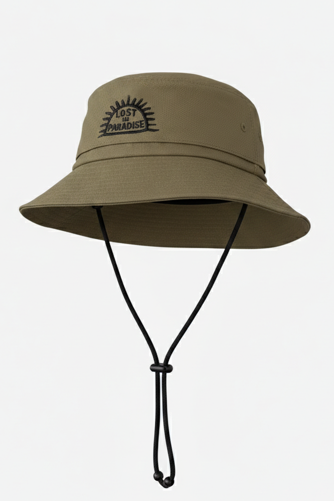 Khaki Lost in Paradise bucket hat in 100% cotton with front embroidery, adjustable cord and breathable mesh vent