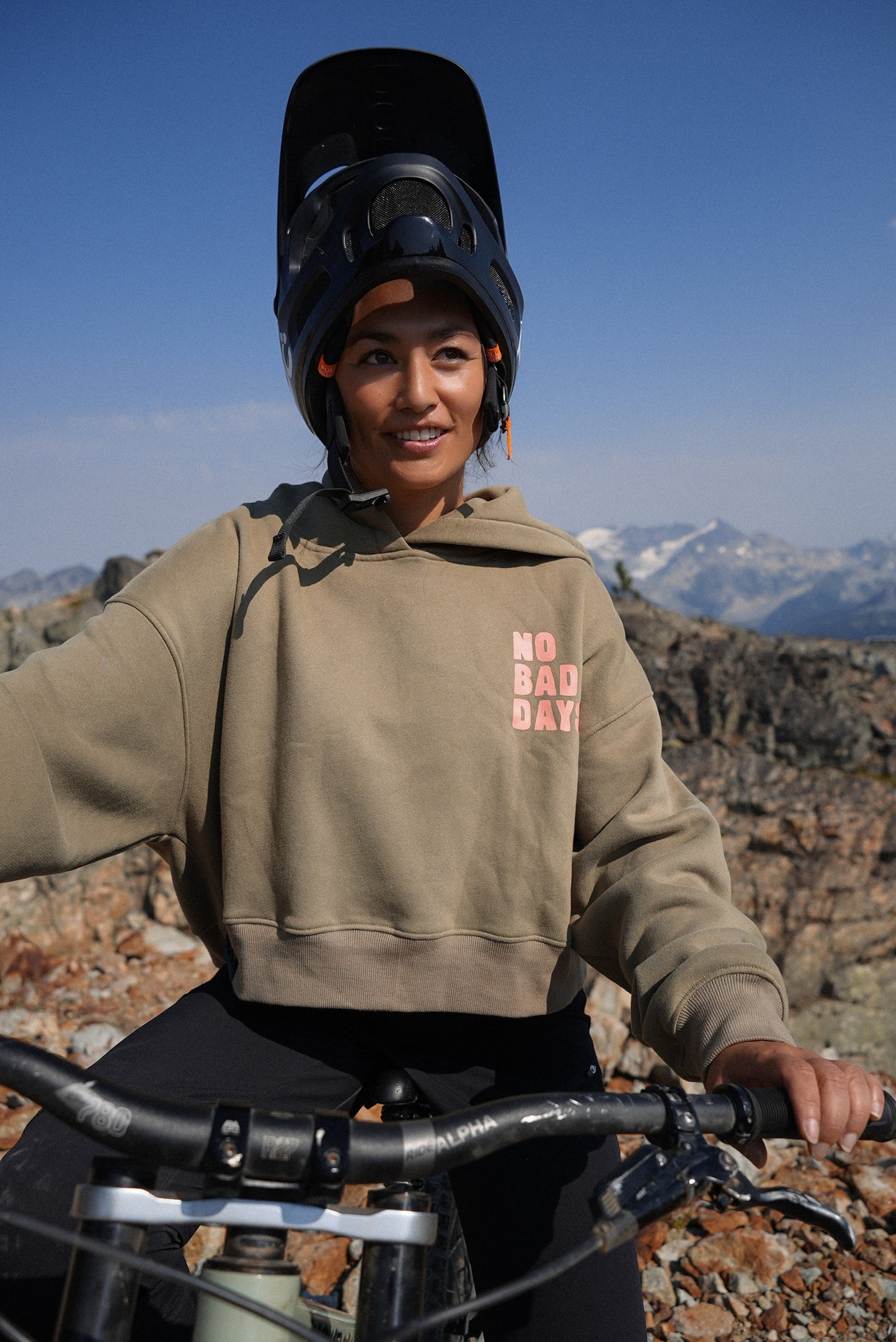 Khaki green cropped MTB hoodie with drop shoulders and relaxed fit