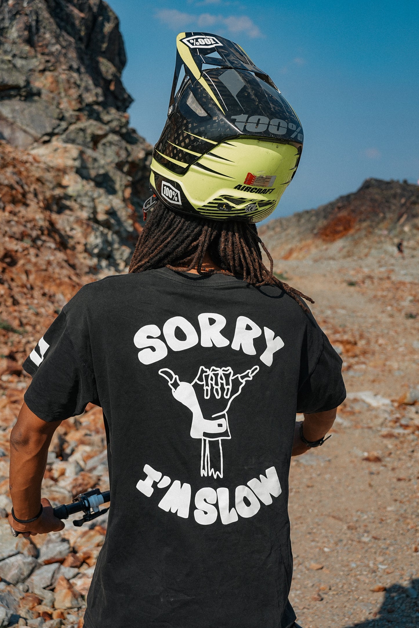 Black washed cotton MTB oversized tee with loose fit and printed design Sorry I`'m slow on front back and sleeve