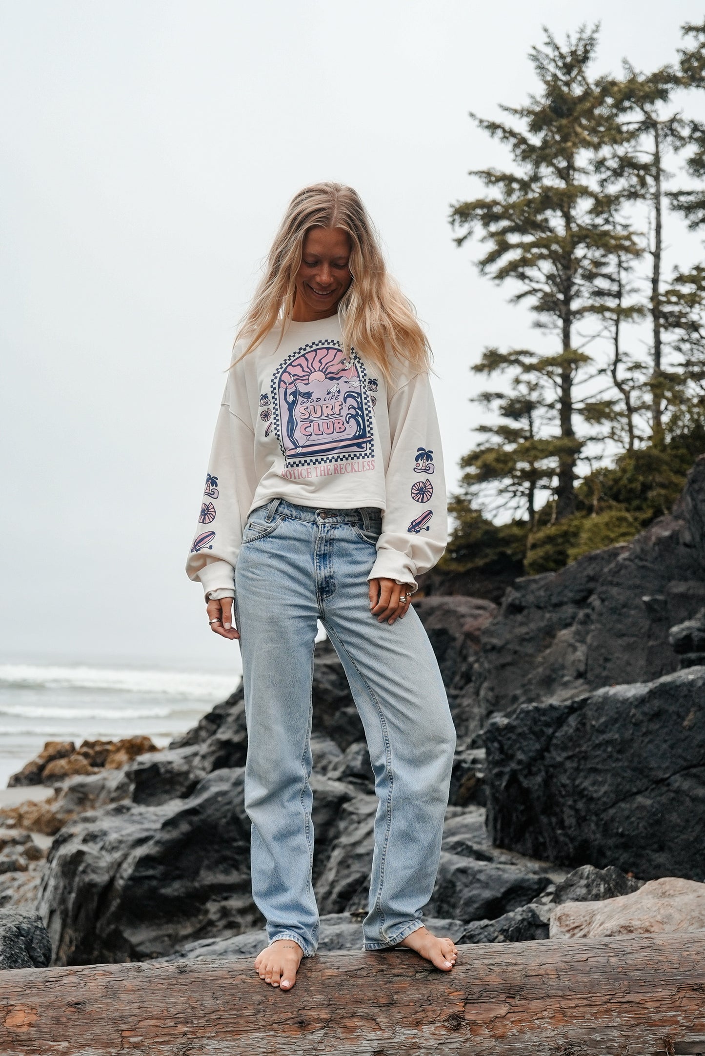 Cotton boho cropped long sleeve worn outdoors by the lake with a free spirited travel look