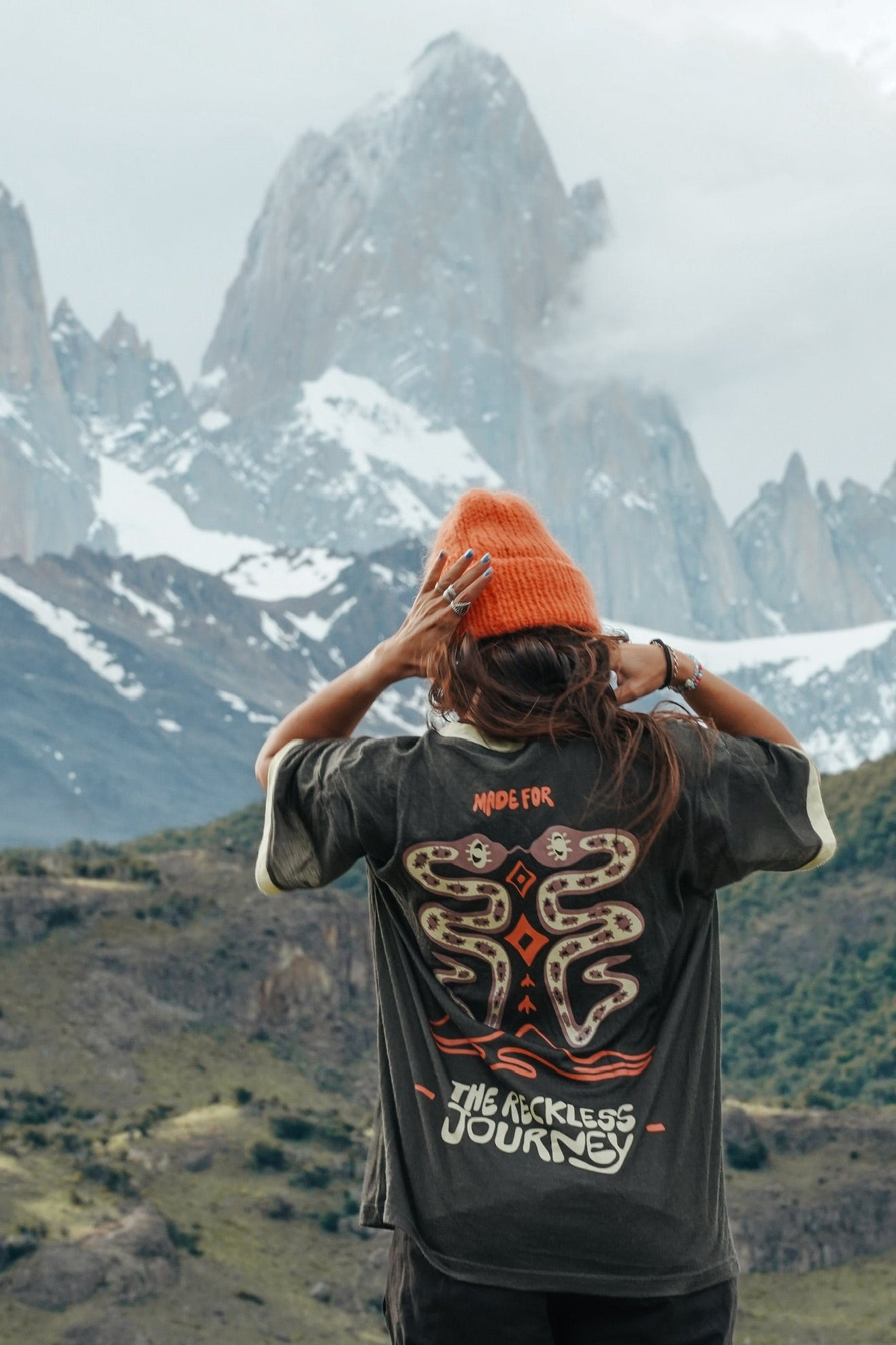 Women's charcoal merino wool hiking tee with large illustrated back print