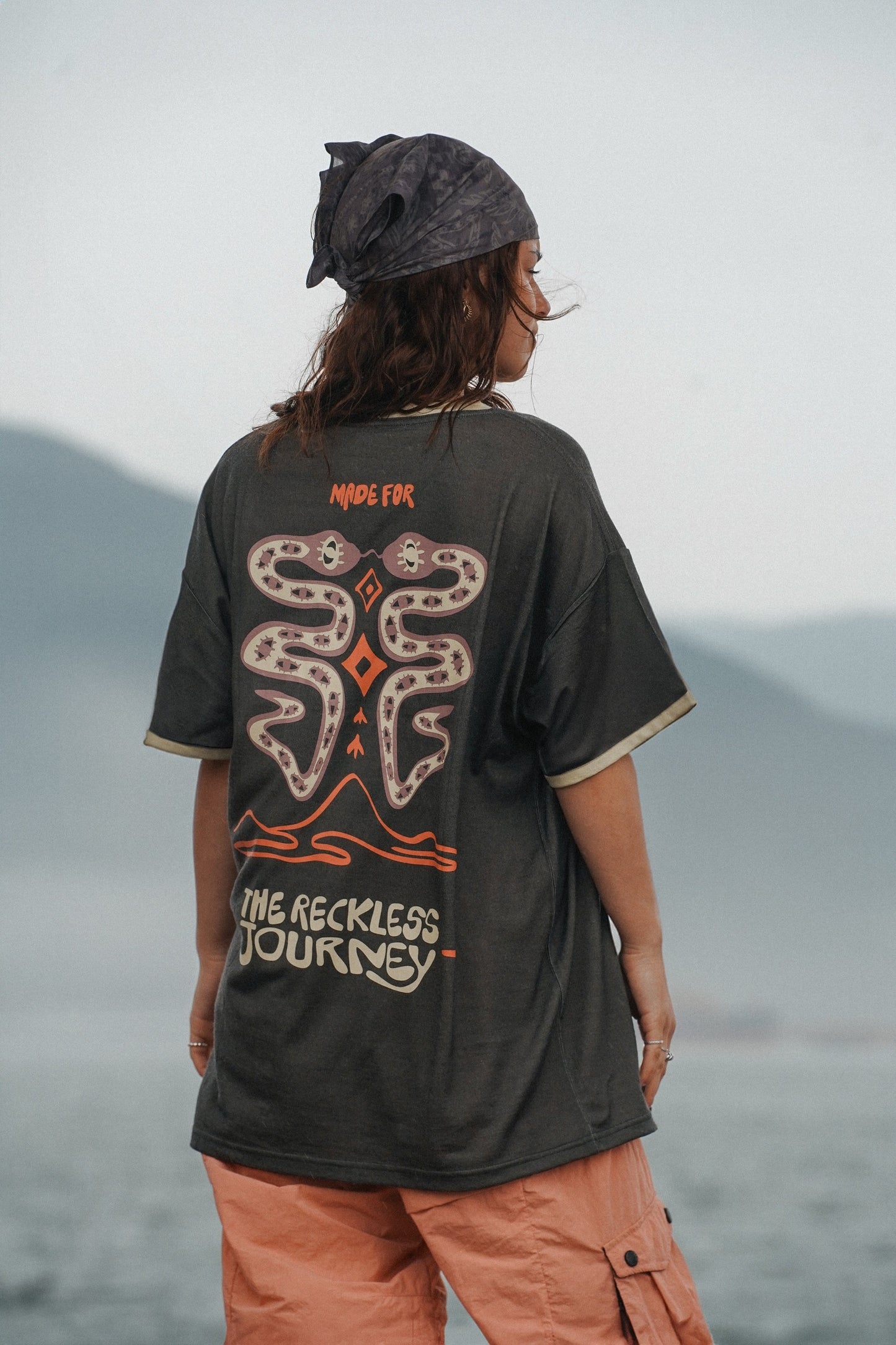 Women's charcoal merino wool loose hiking tee with large back graphic print