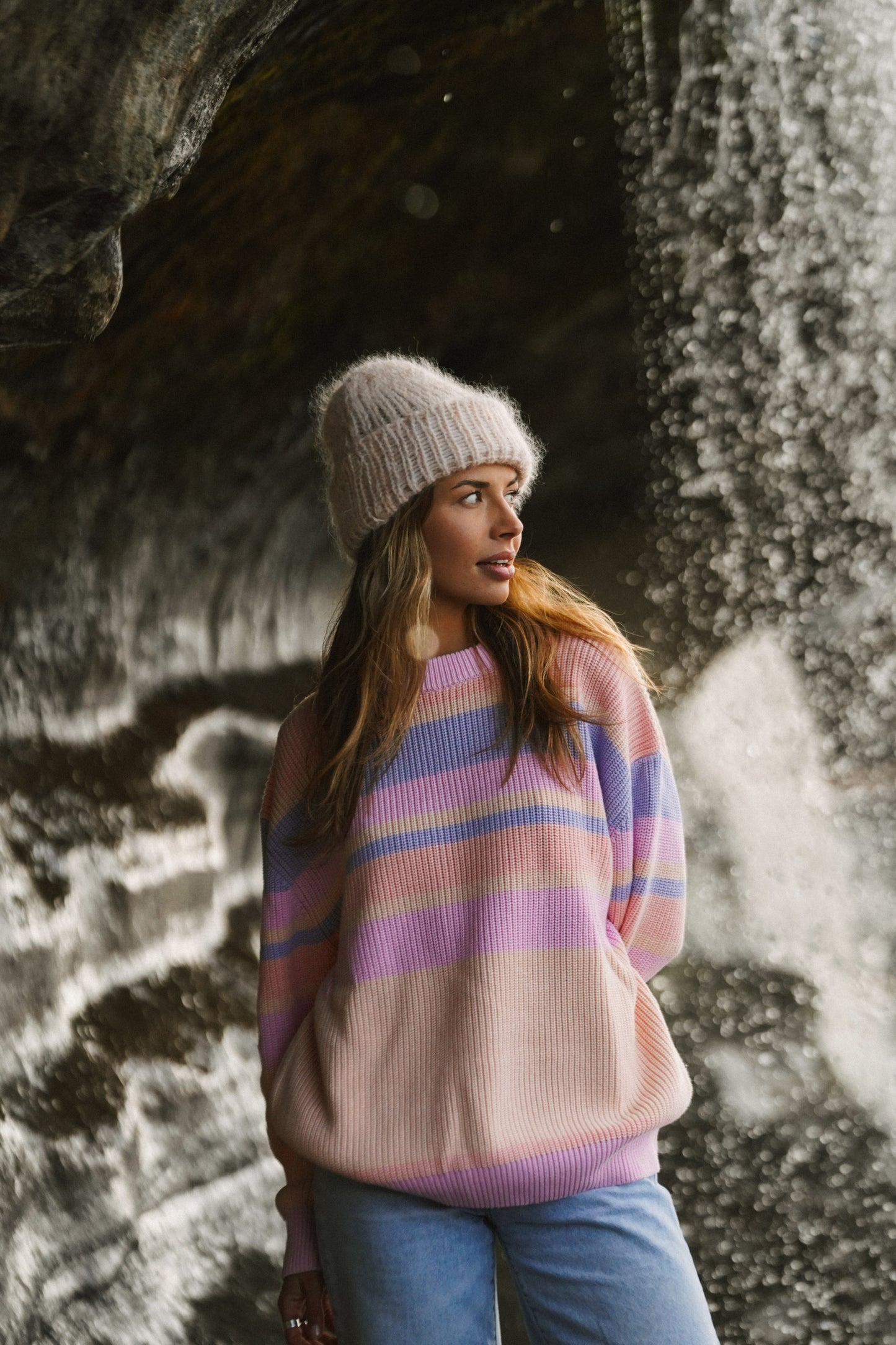 Peachy cotton knitted sweater in pink, lavender and salmon stripes, perfect for cozy summer evenings, weekend getaways and everyday comfort