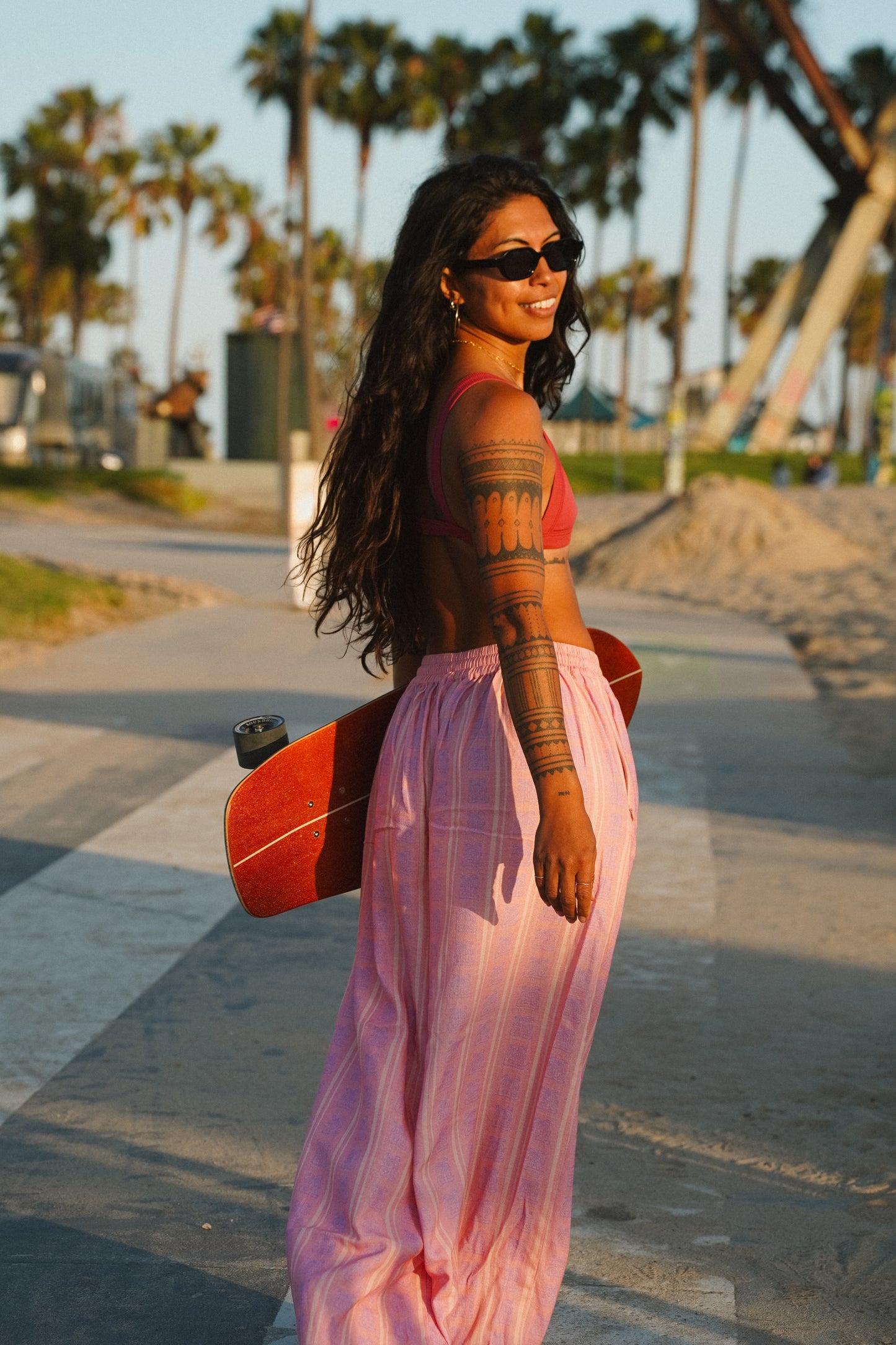 Pink linen boho pants with elastic waistband for summer vibe