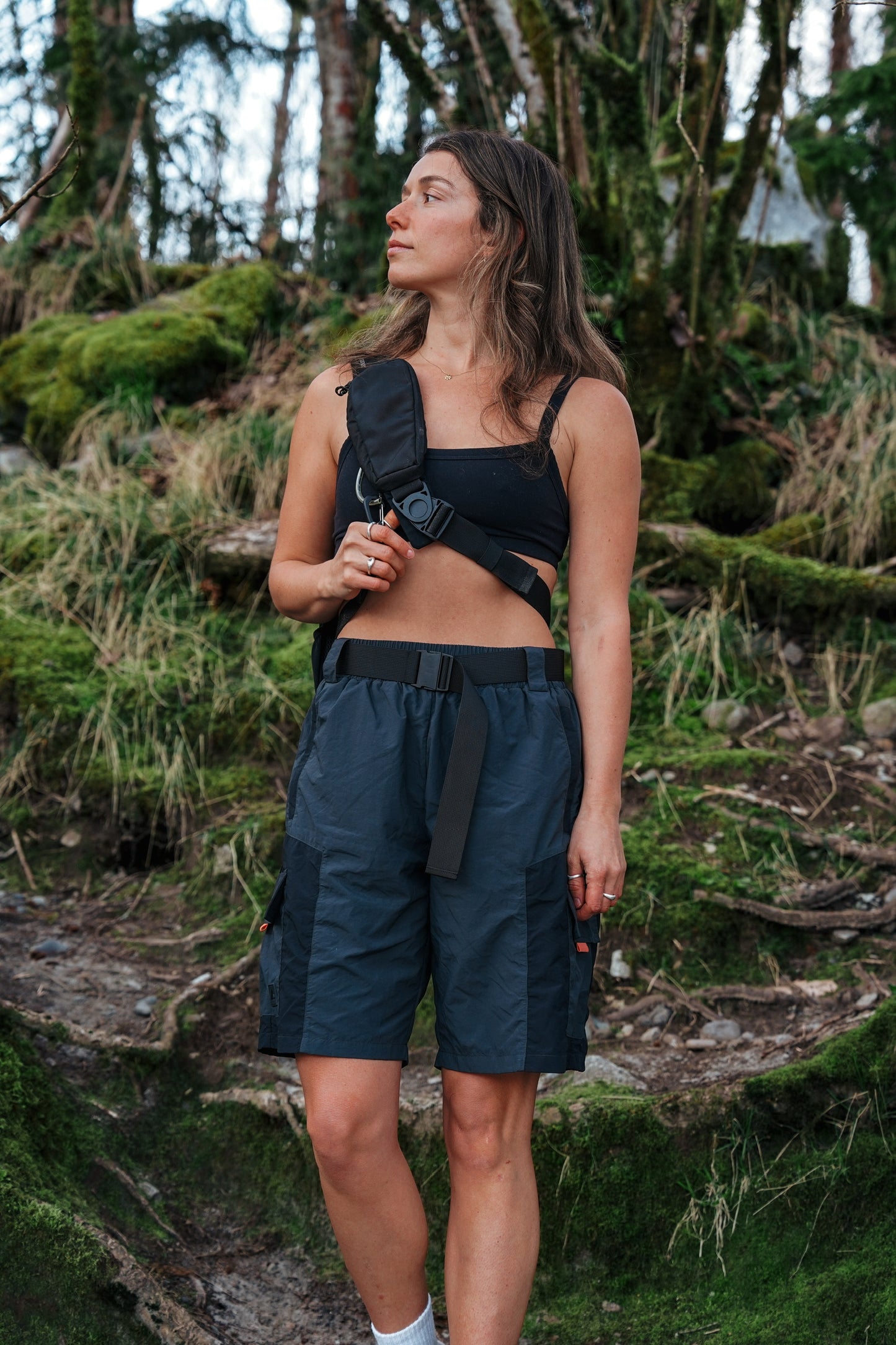 Women's Reckless hiking shorts in grey and black with elastic waistband and pockets