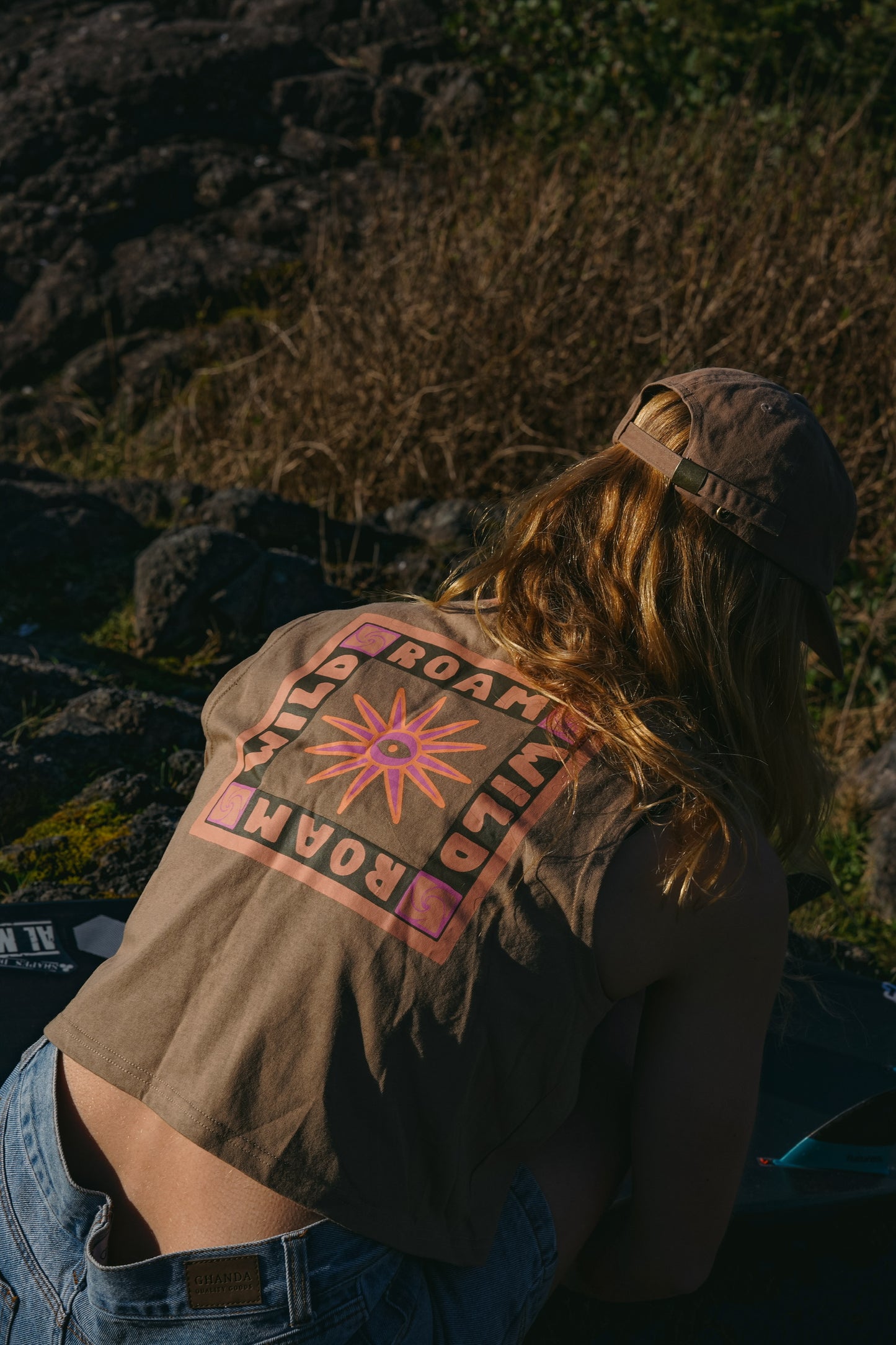 Women’s brown cotton tank top with graphic print on front and back