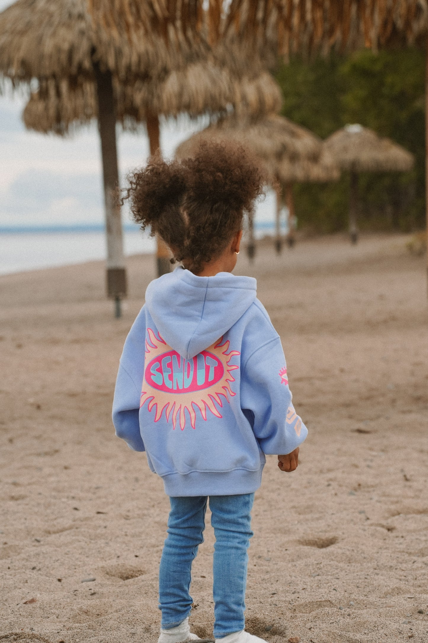 Kids cotton hoodie in blue with oversized fit and graphic print for casual summer wear