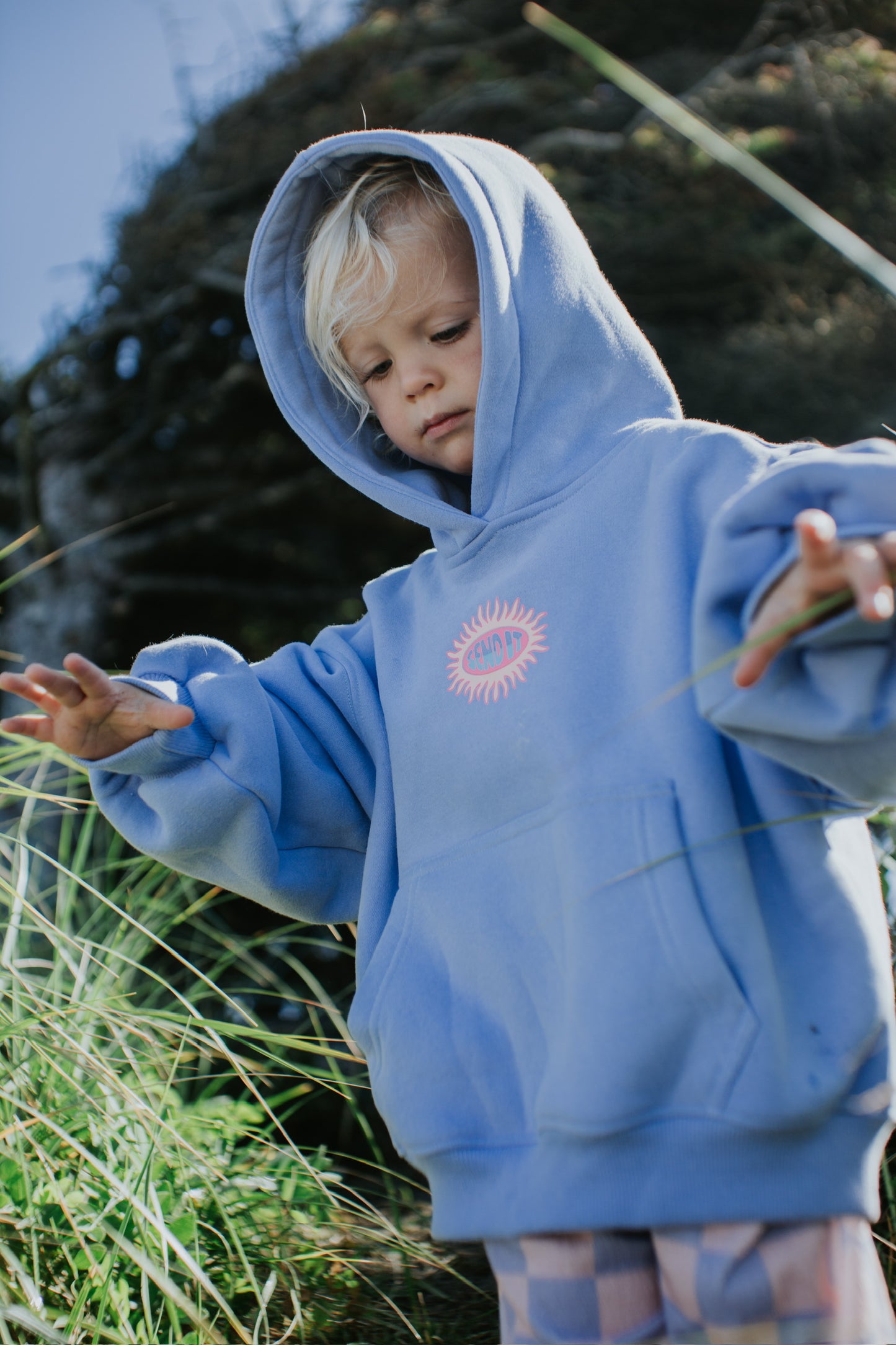 Kids Send It oversized hoodie in blue cotton with graphic print for summer wear
