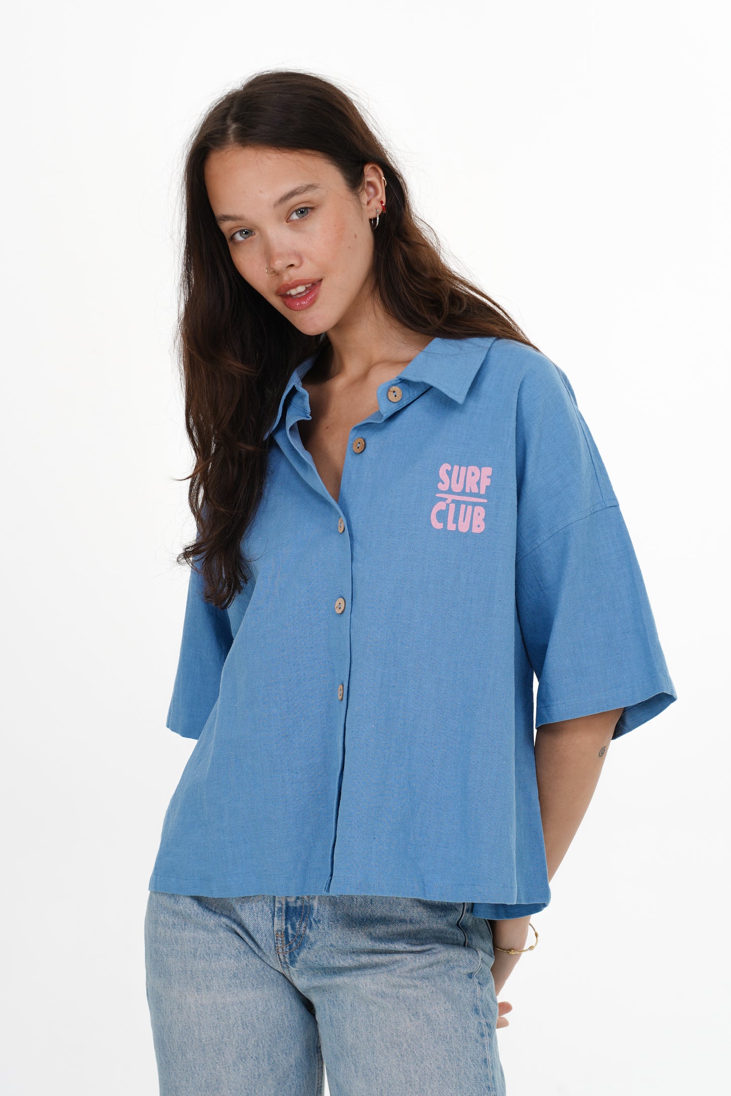 Sky blue linen and cotton shirt with casual relaxed fit in a surf inspired summer style