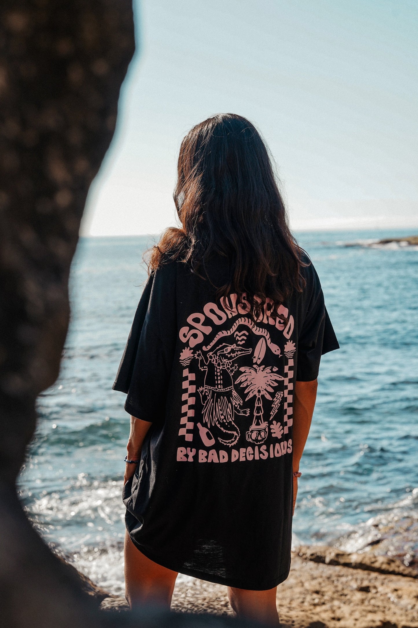 Women’s black cotton tee dress with Sponsored by Bad Decisions graphic print in summer style