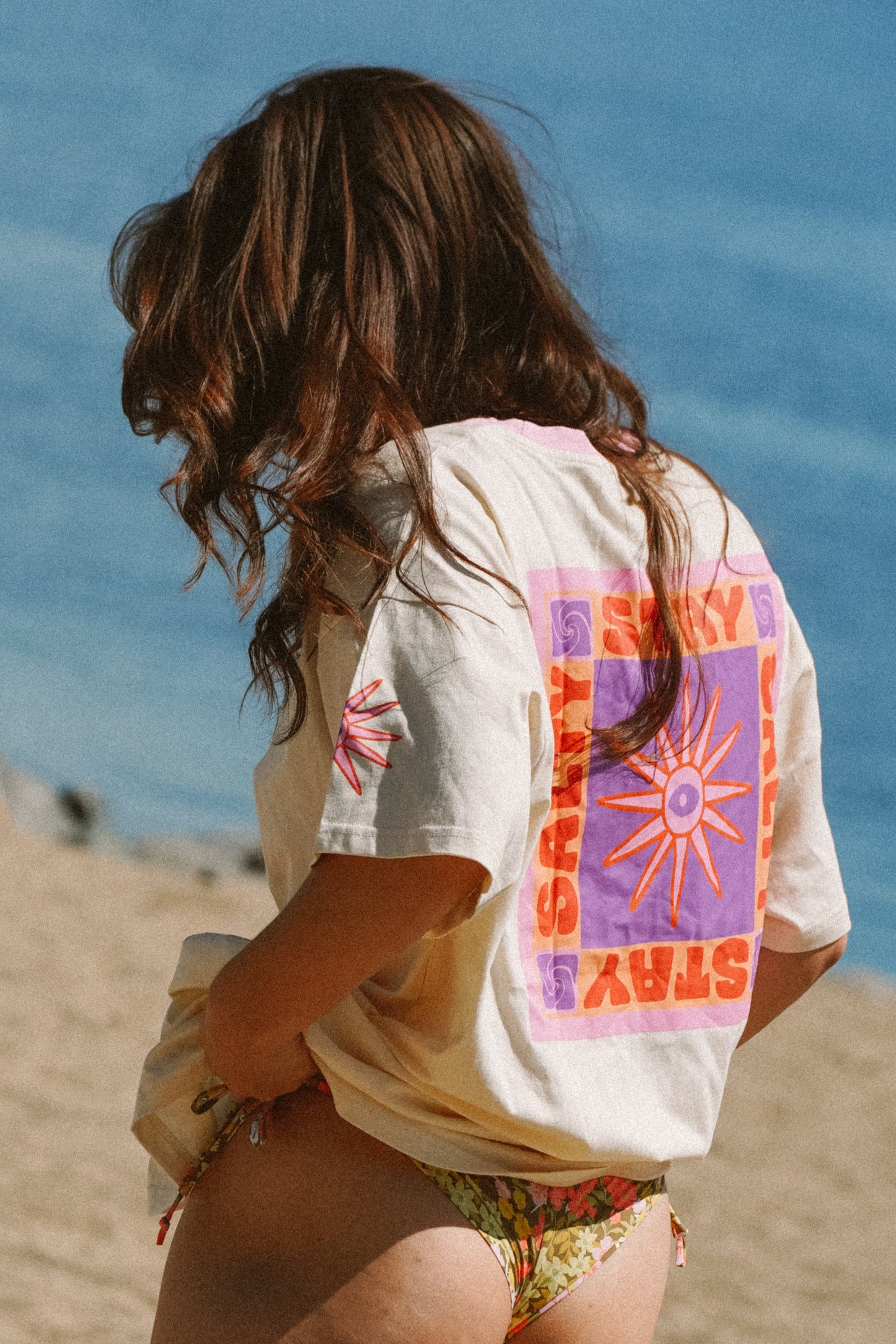 Stay Salty oversized cotton tee with front and back print in a surf inspired beach look