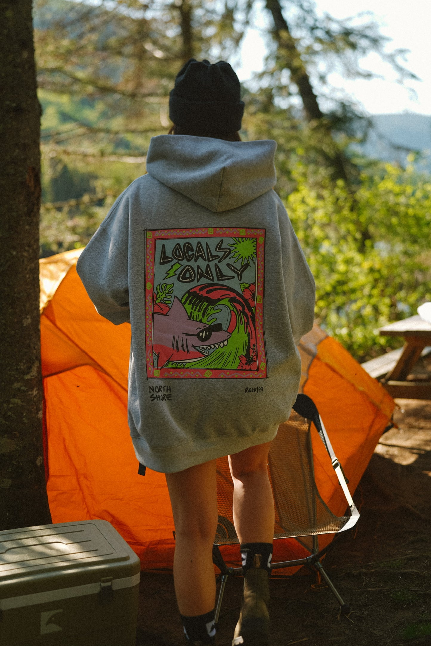 Cotton oversized hoodie with graphic print in a casual summer camping lifestyle