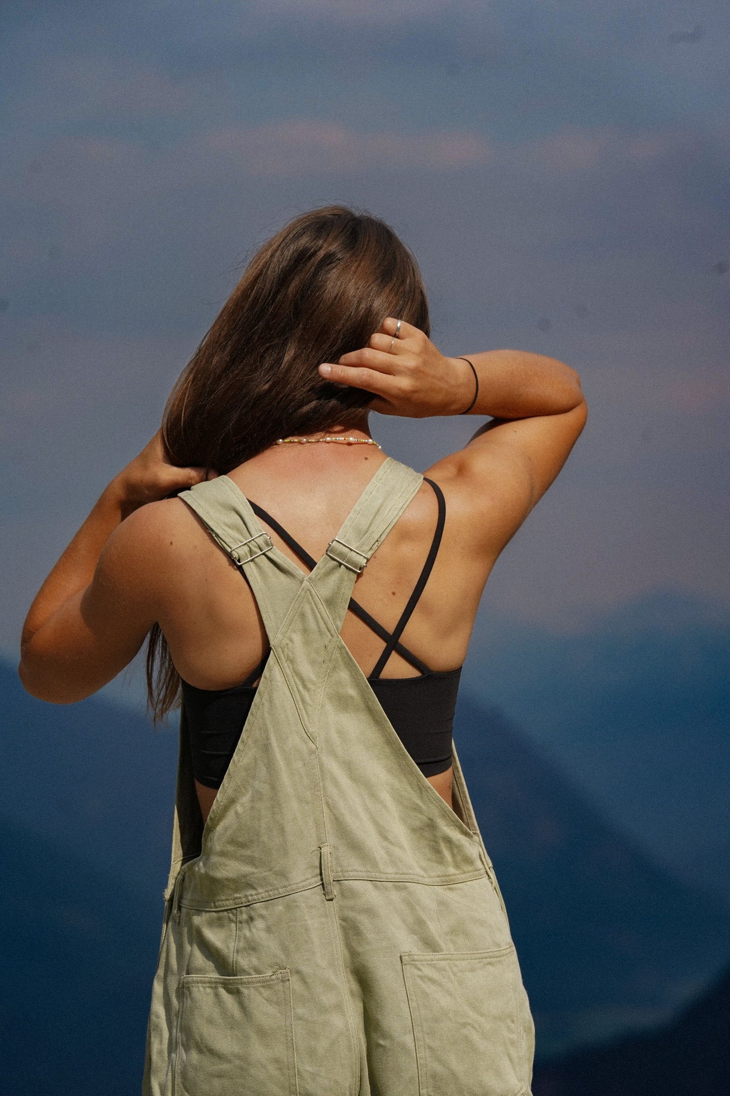Cotton overalls in sage green with lightweight feel for summer skate and mountain activities