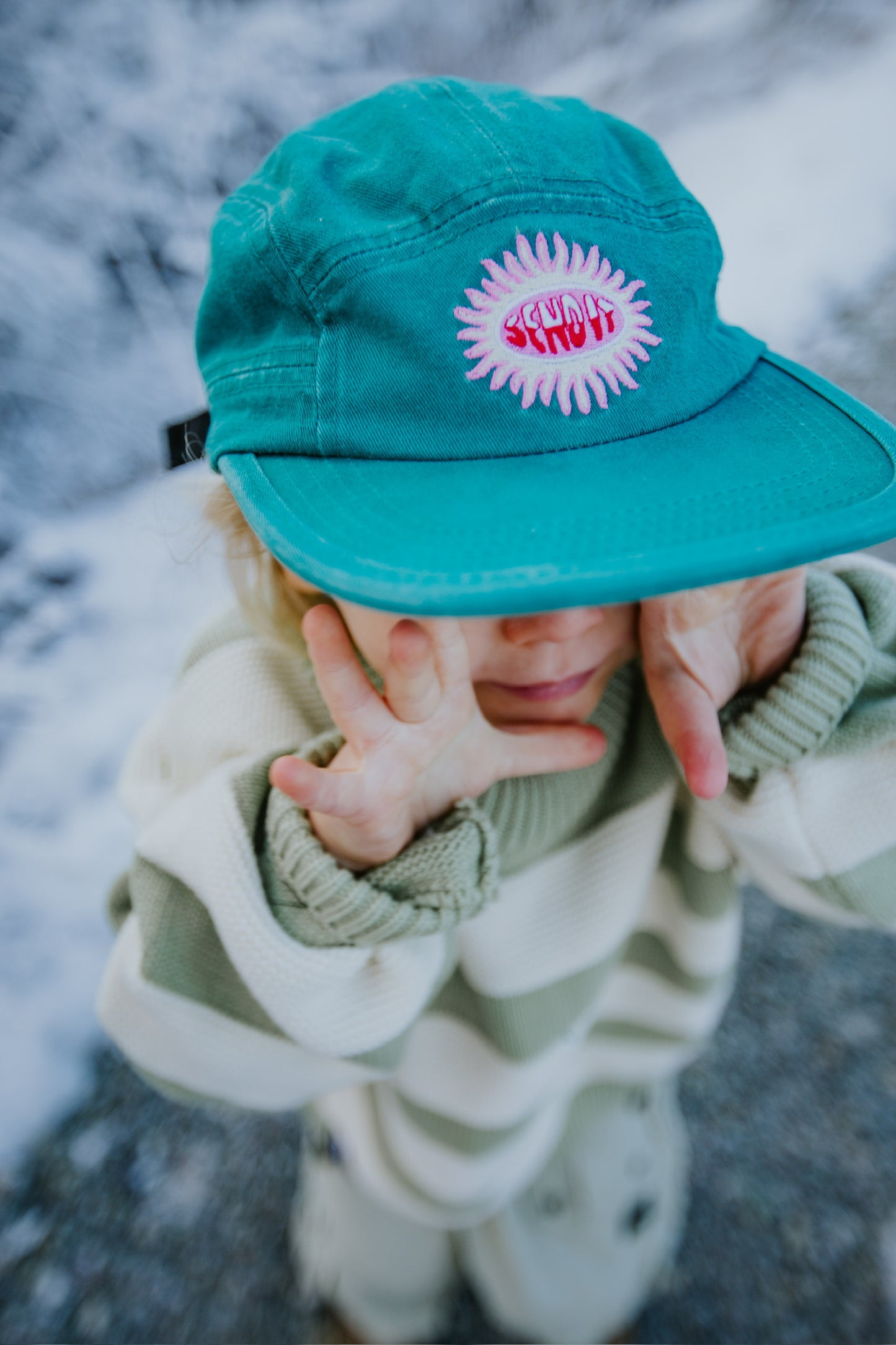Washed teal cotton Surfline kids 5 panel cap with adjustable strap for summer wear