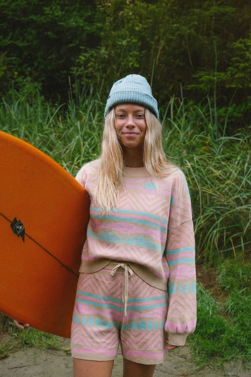 Paradise Island set bottom cotton shorts with ribbed waistband and sand, coral, aqua, and bubblegum pattern