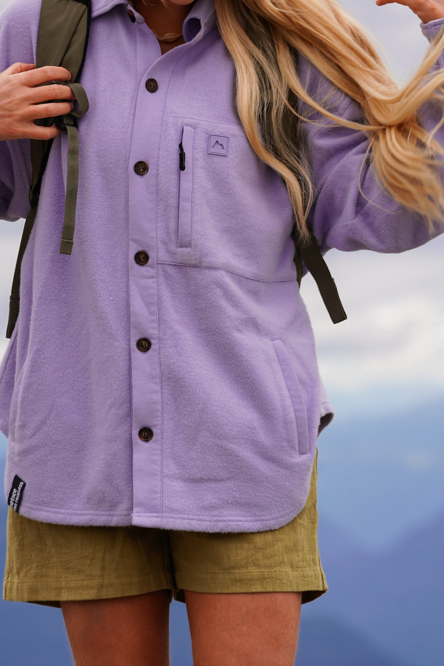 Lilac cotton shacket for women featuring front zip closure, chest zipper pocket and side pockets