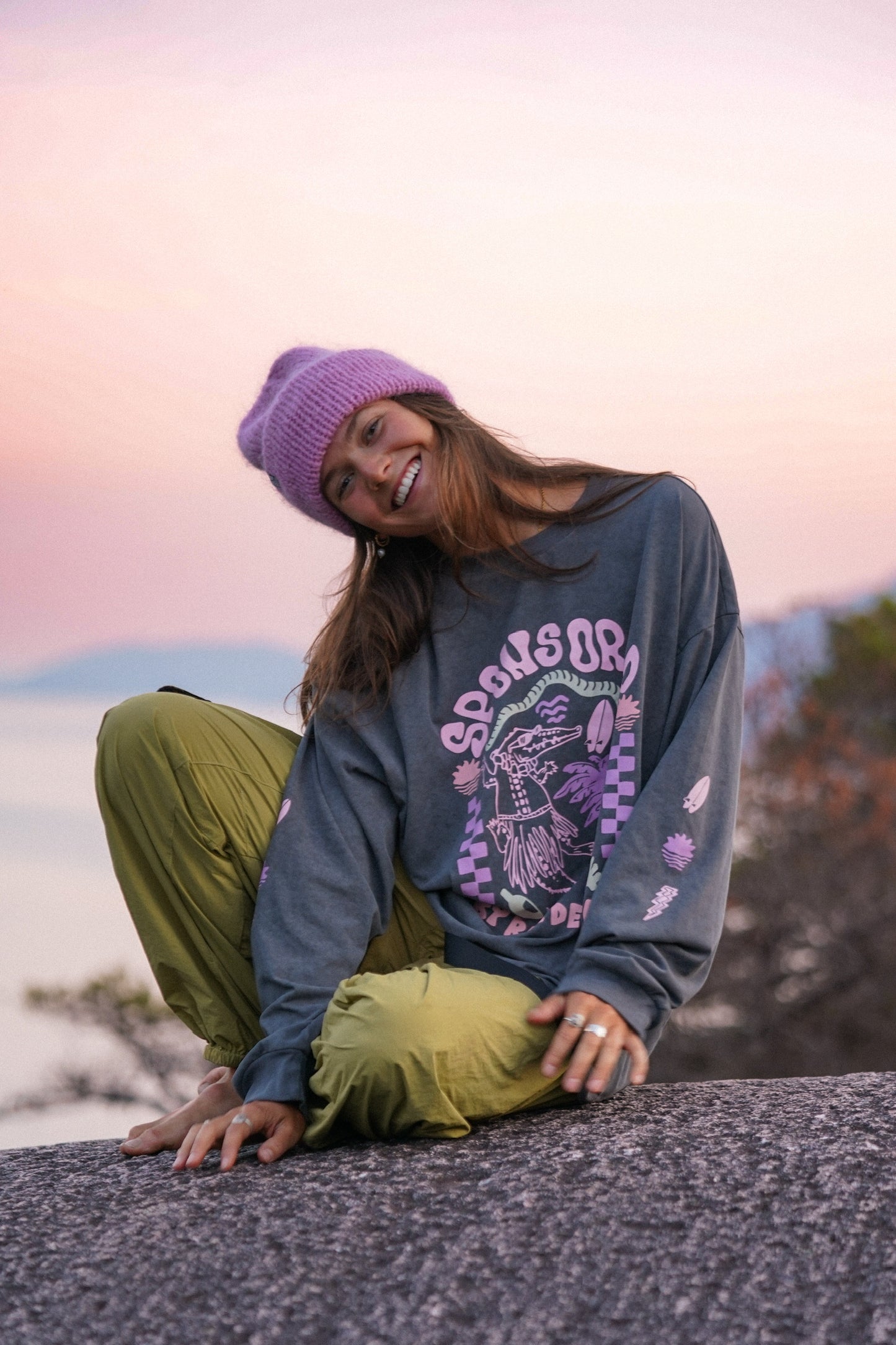 Oversized cotton long sleeve t-shirt in faded grey featuring front and sleeve prints, ideal for everyday layering