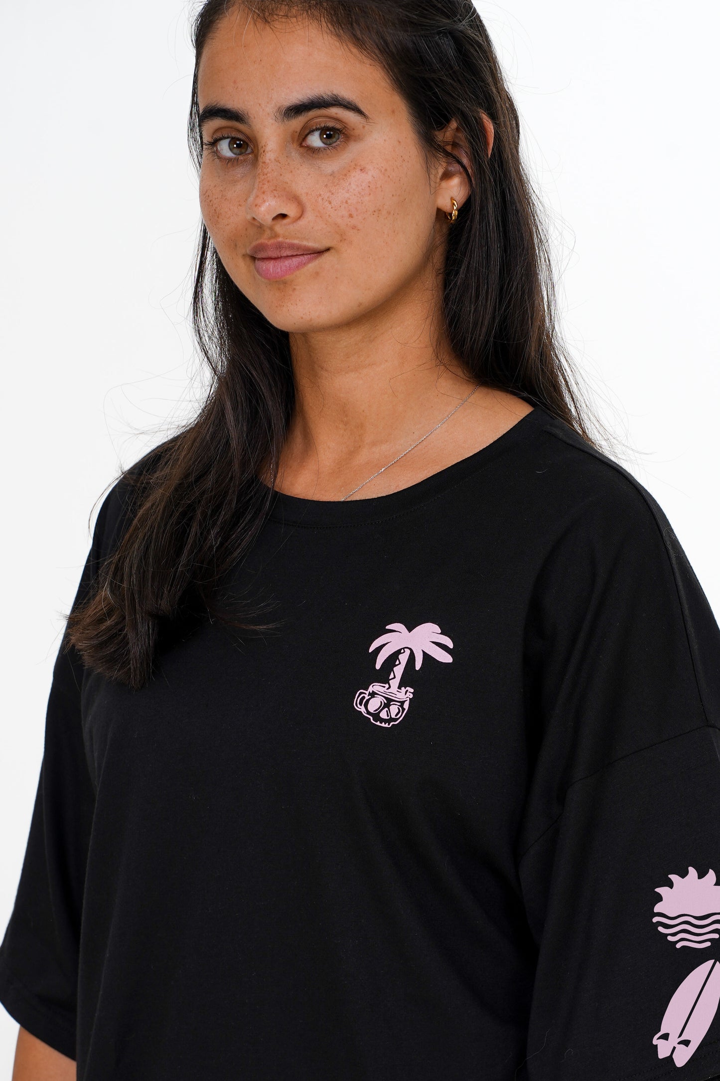 Black cotton tee dress with Sponsored by Bad Decisions print